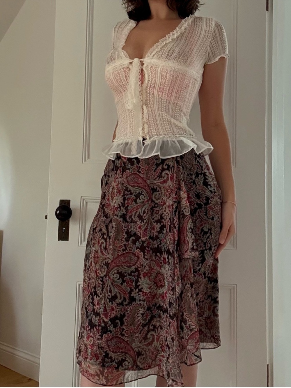 Black & red paisley midi skirt with ruffle hem fairycore whimsygoth